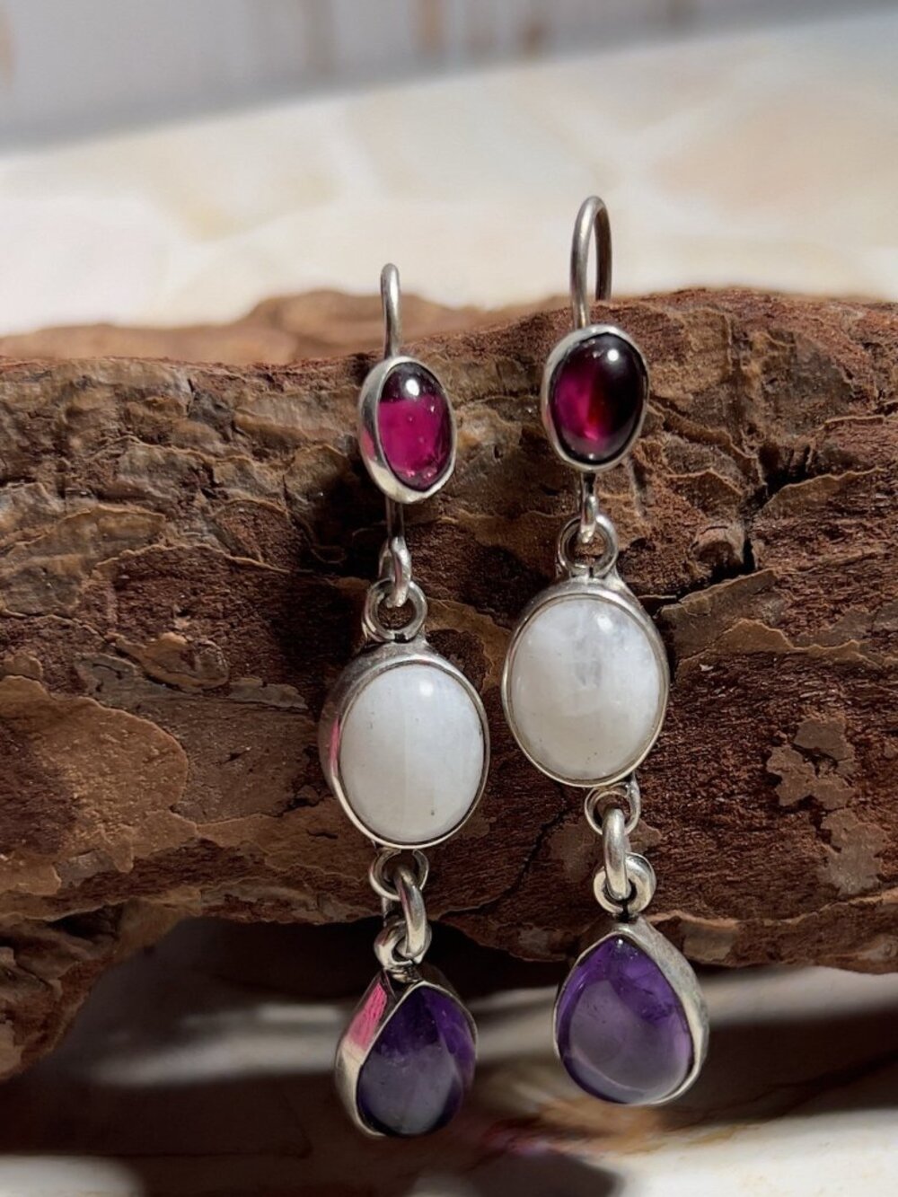 Handcrafted Sterling Silver 925 Moonstone & Amethyst Dangle Earrings